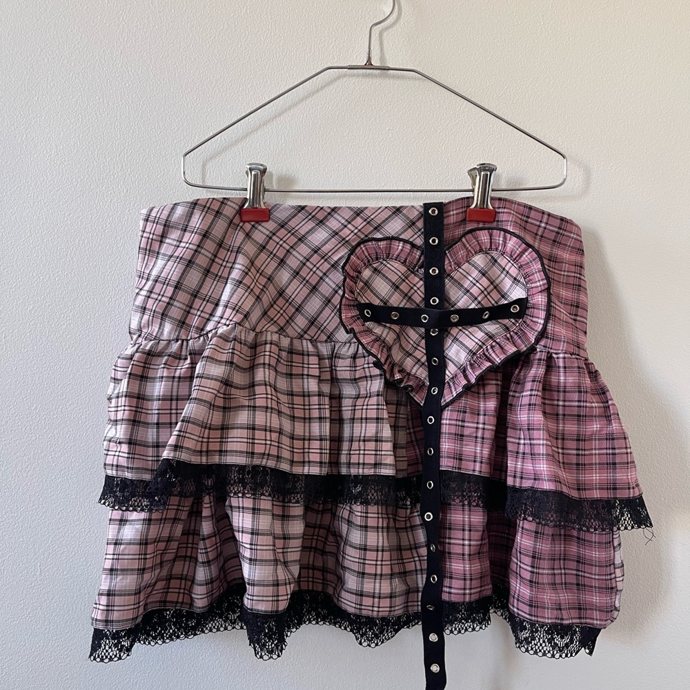 Y2K Emo Plaid Pink Mini Skirt with Lace Trim